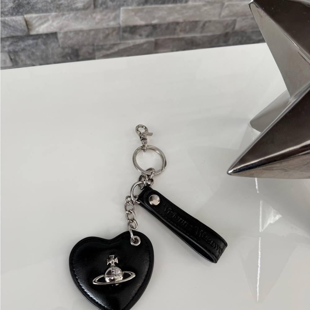 Vivienne Westwood Black Leather Strap Keyring with Silver Hardware